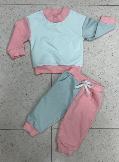 Children's Minimalist And Versatile Color Blocking Long Sleeved Set