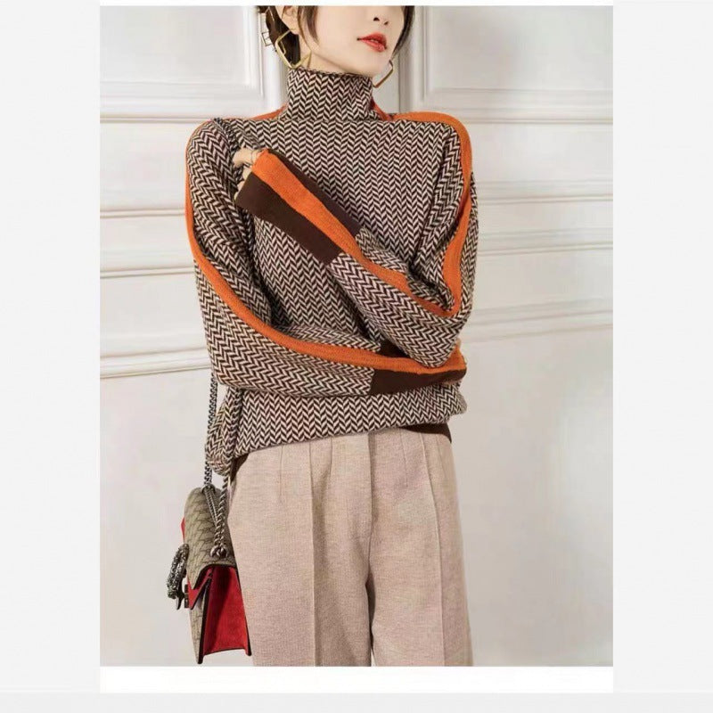 Lockerer Rollkragenpullover mit Kontrastärmeln in Wolloptik für Damen, Herbst und Winter