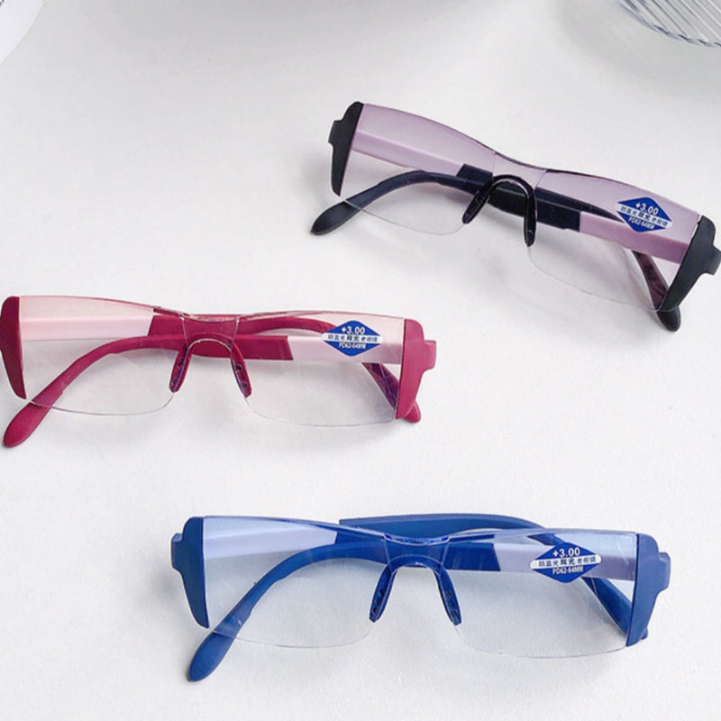 Óculos para presbiopia de luz dupla sem moldura com aro de diamante fashion anti-azul