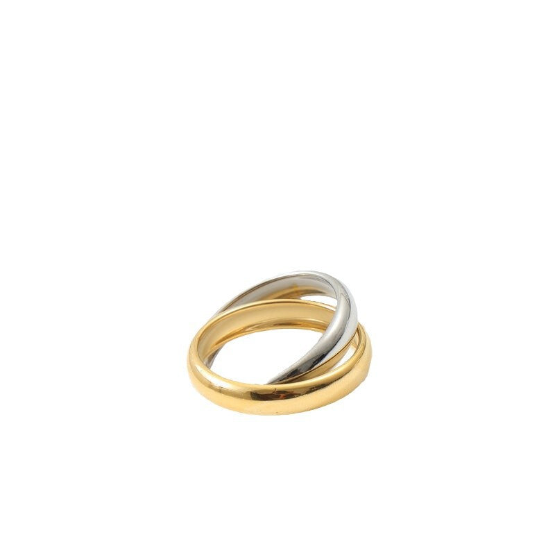 Anel duplo de face larga, duas cores, sem costura, titânio, banhado a ouro 18K