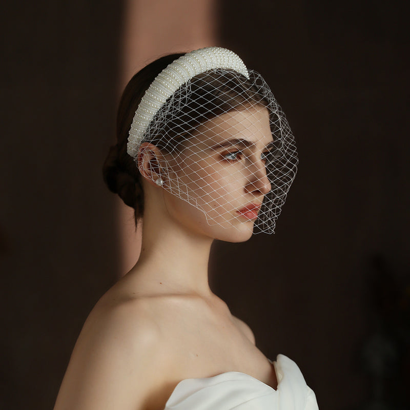 Französischer Brautschleier im Hepburn-Stil, weiß, Vintage, Perlen, grobmaschig, Netz, Stirnband