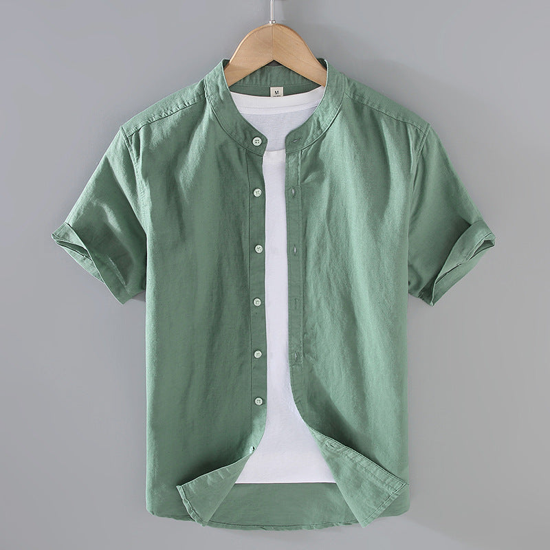 Solid-color Linen Shirt Mens Short-sleeve Casual Top