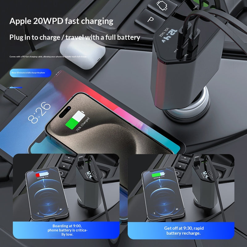 4-in-1 einziehbares Auto-Ladegerät, schnelles 120-W-Auto-Handy-Ladegerät mit USB-C-Kabel
