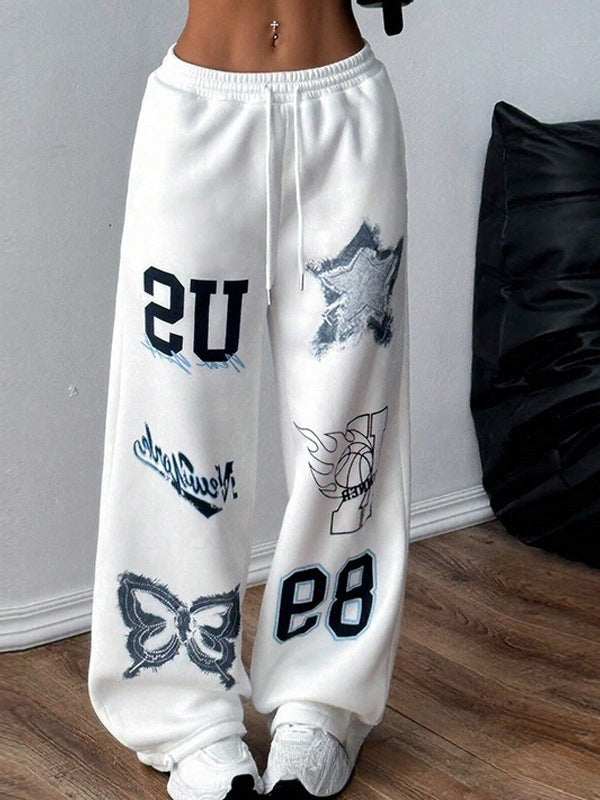 Women's Printed Drawstring Straight Sports Casual Pants
