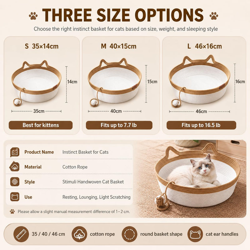 Cesto para Gatos, Cama Cesto para Gato Tecida à Mão de 35&40&46cm com Pegas em Forma de Orelhas de Gato, Cama Cesto para Gato em Corda de Algodão com Bola, Uso Interior para Todos os Gatos