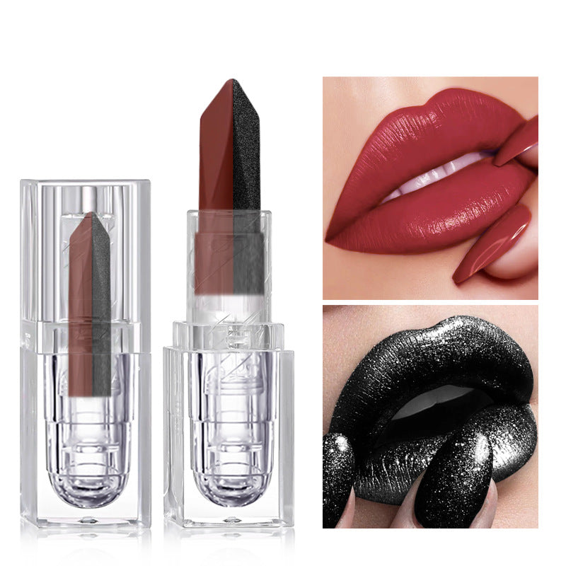 Batom «lip mud» de longa duração, 2 em 1, de tom duplo e efeito mate suave, com um acabamento aveludado mate, perolado e iridescente, à prova de manchas e resistente a borrões.