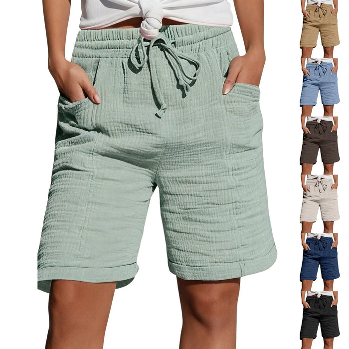 Womens Lace-up Pocketed Double-layered Pleated Capri Shorts
