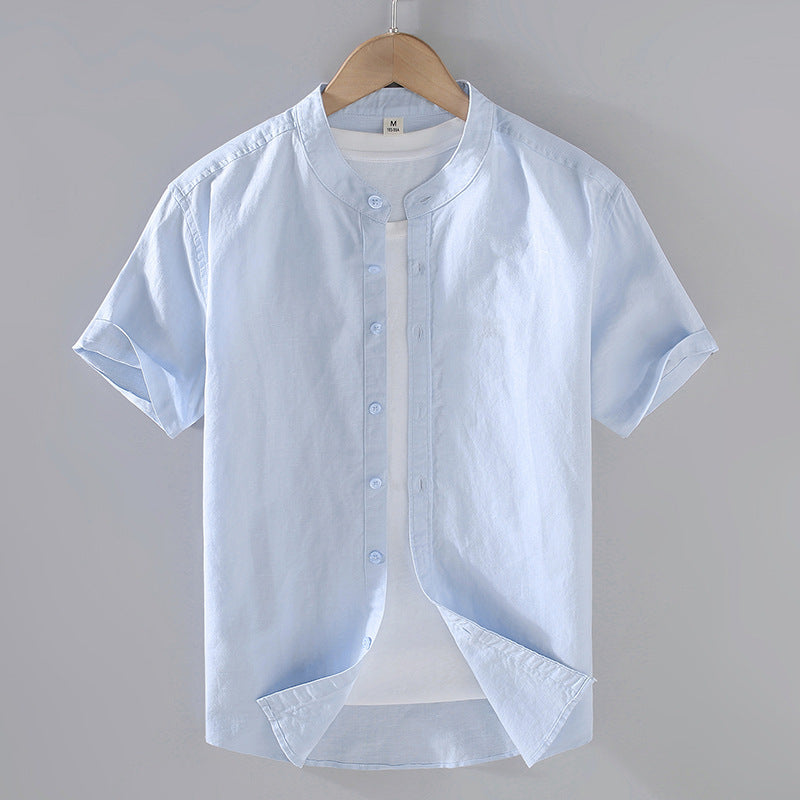 Solid-color Linen Shirt Mens Short-sleeve Casual Top