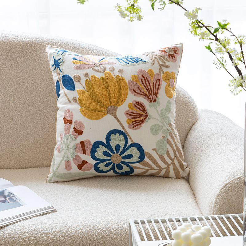 Capa de Almofada com Bordado de Flores em Algodão Puro Estilo Nórdico