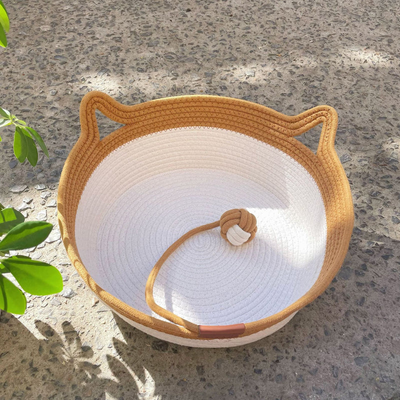 Cesto para Gatos, Cama Cesto para Gato Tecida à Mão de 35&40&46cm com Pegas em Forma de Orelhas de Gato, Cama Cesto para Gato em Corda de Algodão com Bola, Uso Interior para Todos os Gatos