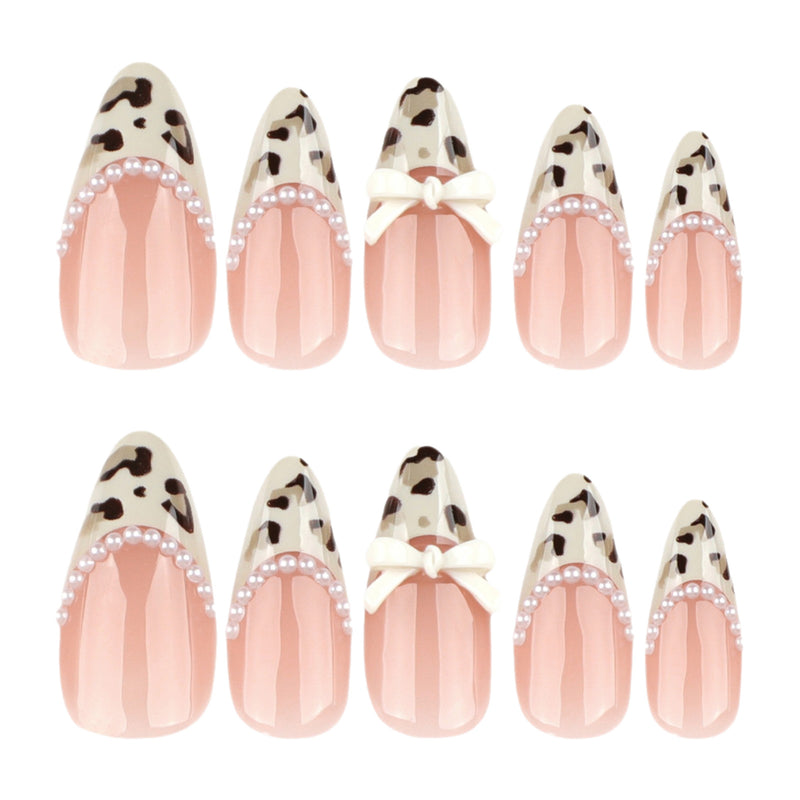 Hot-selling Almond-shaped French Leopard-print Nails With Short Pearl Butterflies