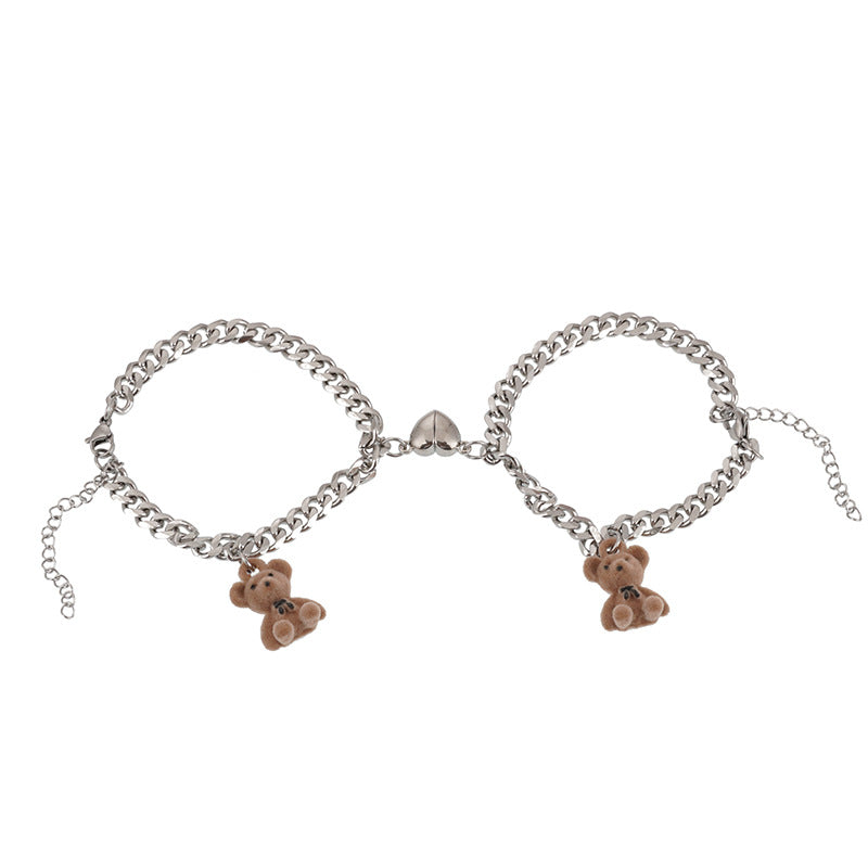 Edelstahl-Bären-Anhänger mit Flock-Effekt, dreidimensional, Herz-Magnetverschluss, Partnerarmband