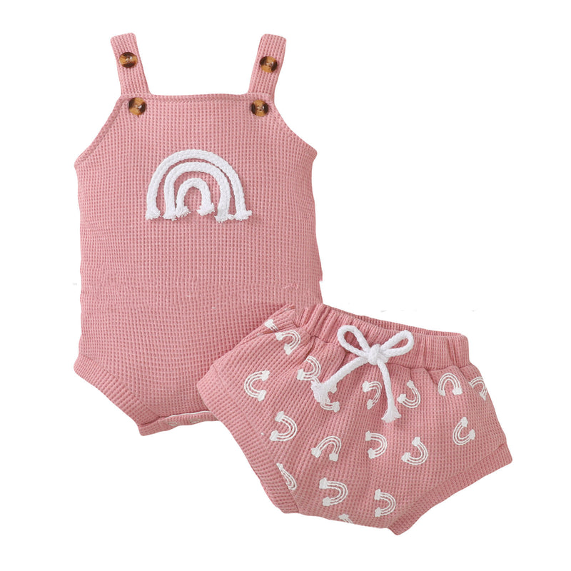 Rainbow Element Waffle Sleeveless Top And Shorts Set