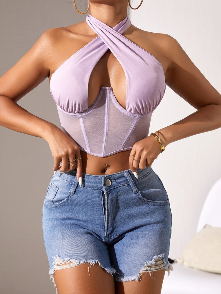 Top Stitching Mesh Transparenter Cross-Neck Neckholder-BH mit Fischgrätmuster
