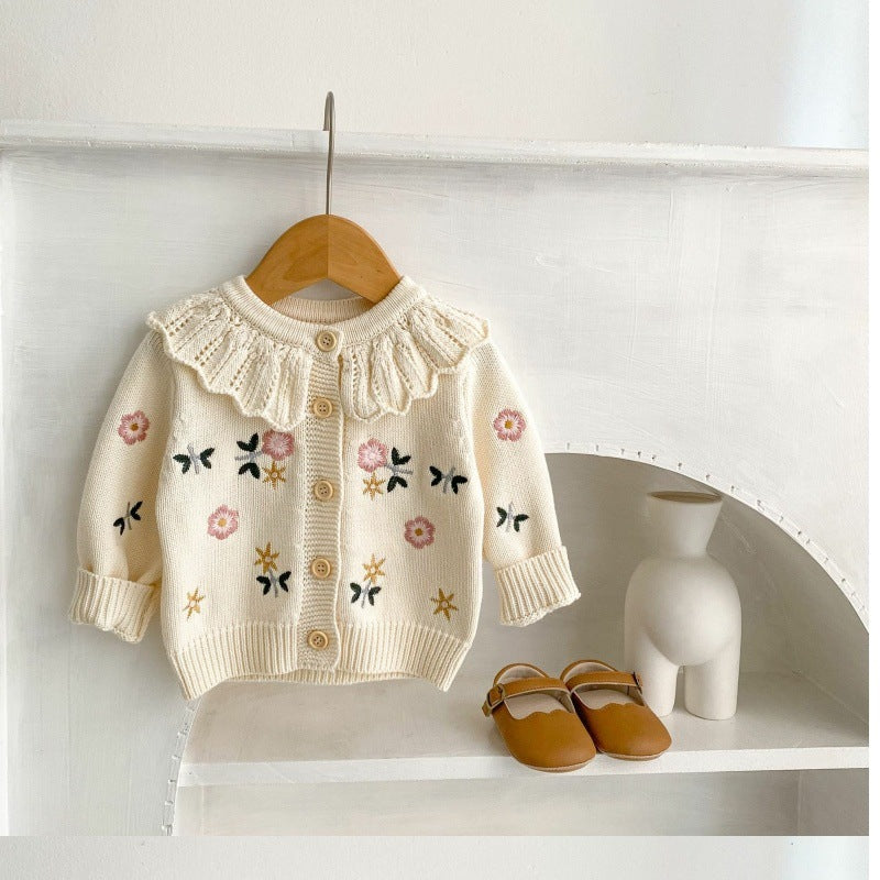 Children's Flower Embroidered Lotus Collar Knitted Warm Long Sleeve Cardigan Jacket