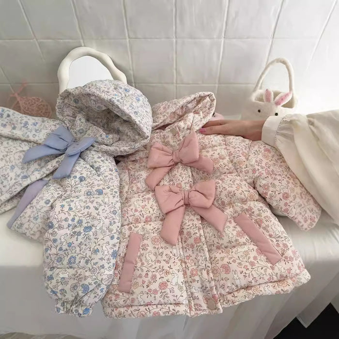 Winter Fashion Baby Floral Print Winter Bow Hooded Jacket