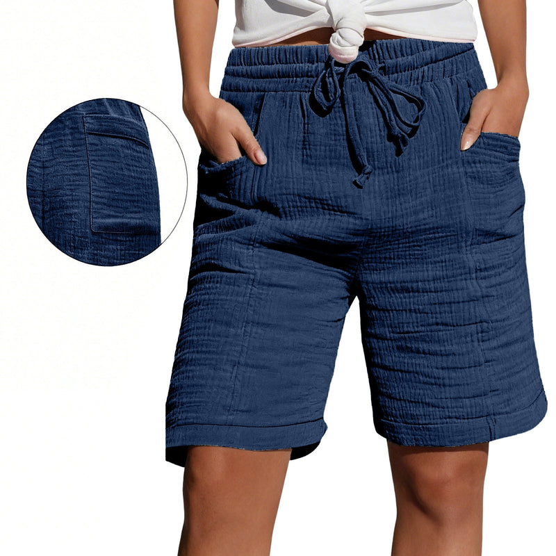 Womens Lace-up Pocketed Double-layered Pleated Capri Shorts