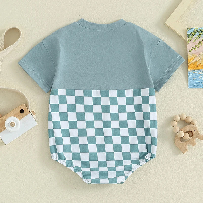 Baby-Sommer-Jumpsuit Waffel-Patchwork-Tasche Kurzarm