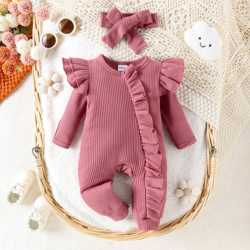 Baby's Simple Multi-color Flounced Sleeve Waffle Jumpsuit