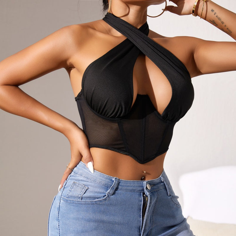 Top Stitching Mesh Transparenter Cross-Neck Neckholder-BH mit Fischgrätmuster
