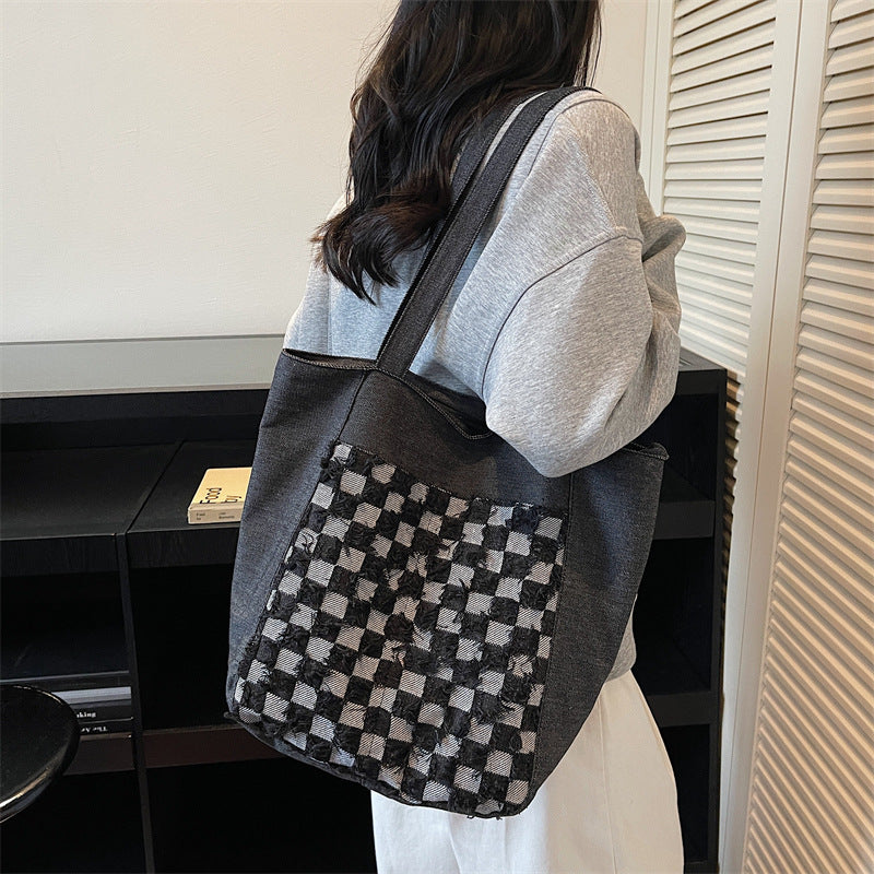 Versatile Casual Washed Denim Tote Bag With A Plaid Pattern And A Large Capacity