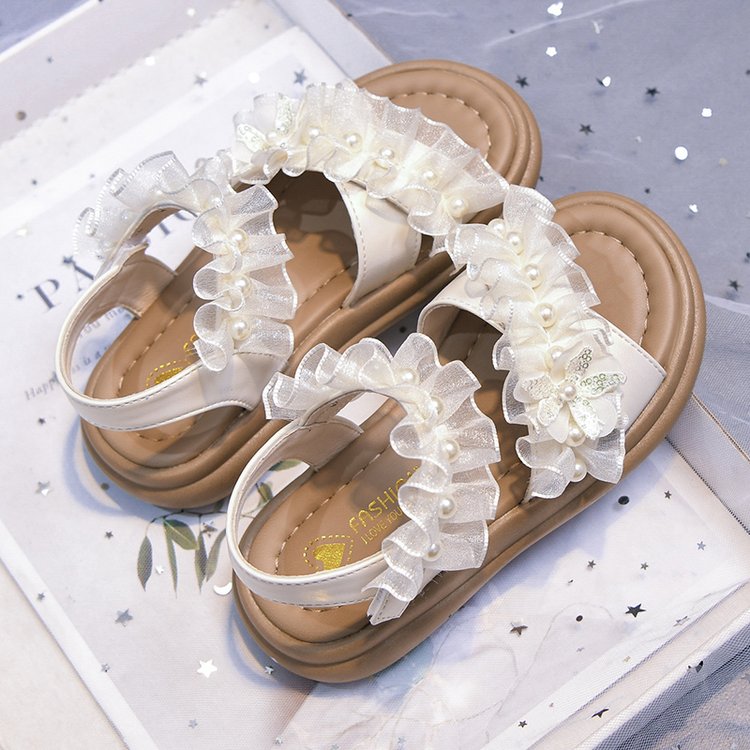 Girls' Trendy Princess Shoes, New Girls' Soft Soled Roman Shoes, Medium And Large Children's Mesh Pearl Beach Shoes
