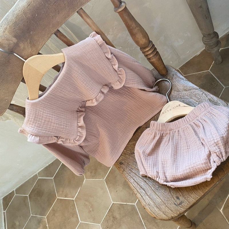Baby Wrinkled Cotton Ruffle Collar Lapel Top Pants Set