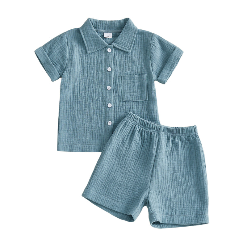 Conjunto de Camisa de Manga Curta com Gola de Revers e Calções em Tecido Enrugado