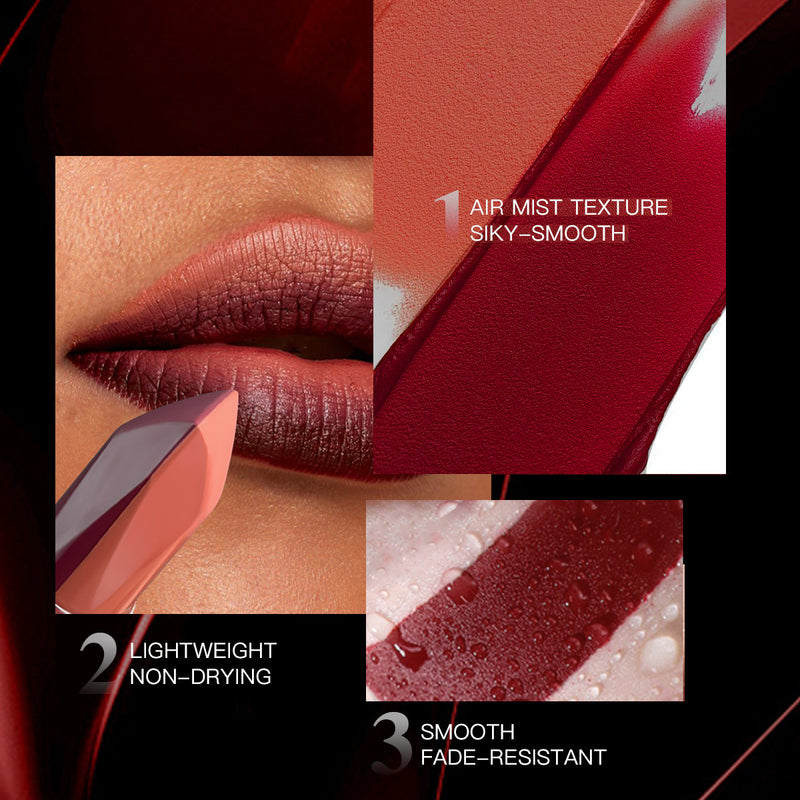 Batom «lip mud» de longa duração, 2 em 1, de tom duplo e efeito mate suave, com um acabamento aveludado mate, perolado e iridescente, à prova de manchas e resistente a borrões.