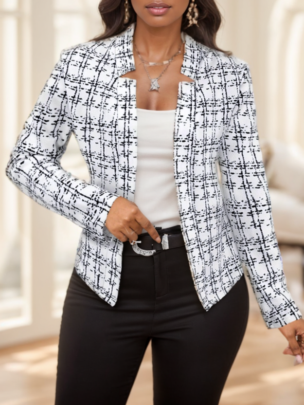Elegante Damen-Blazerjacke mit Karomuster und offenem Vorderteil