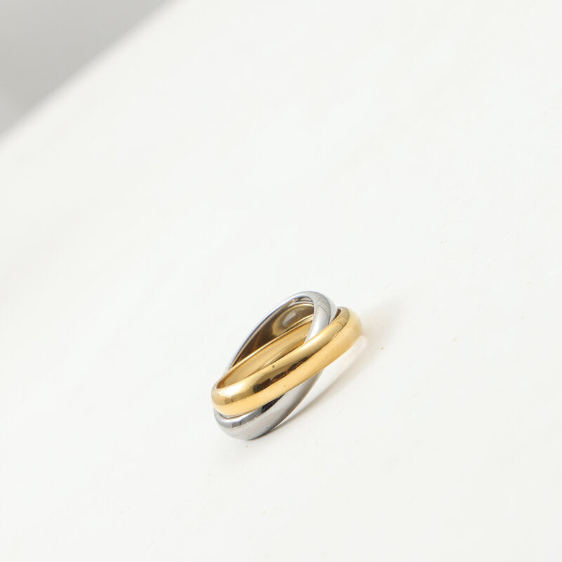 Anel duplo de face larga, duas cores, sem costura, titânio, banhado a ouro 18K