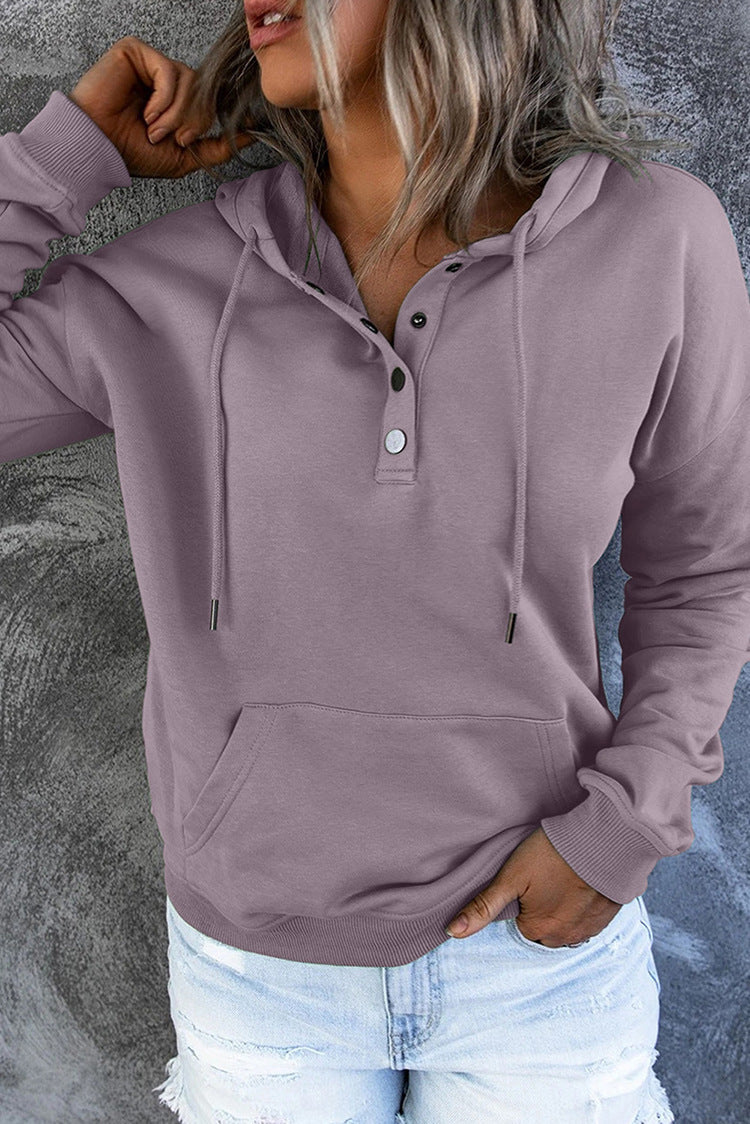 Long-sleeved Hooded Sweatshirt With Pockets Fashion Casual Button Drawstring Design Hoodie Top Spring And Autumn Sports Clothing For Women