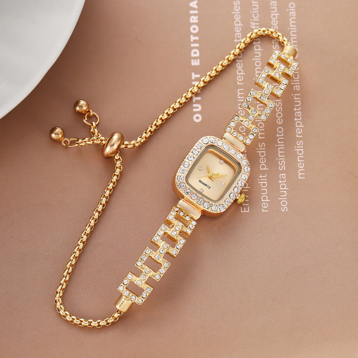 Diamond-encrusted Retractable Bracelet Gold Quartz Watch