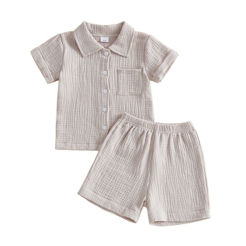Conjunto de Camisa de Manga Curta com Gola de Revers e Calções em Tecido Enrugado