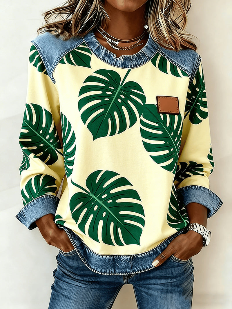 Casual Round Neck Denim Patchwork Leopard Print Long-sleeved Loose Top