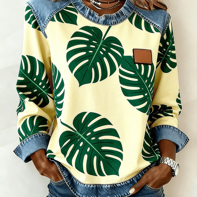 Casual Round Neck Denim Patchwork Leopard Print Long-sleeved Loose Top