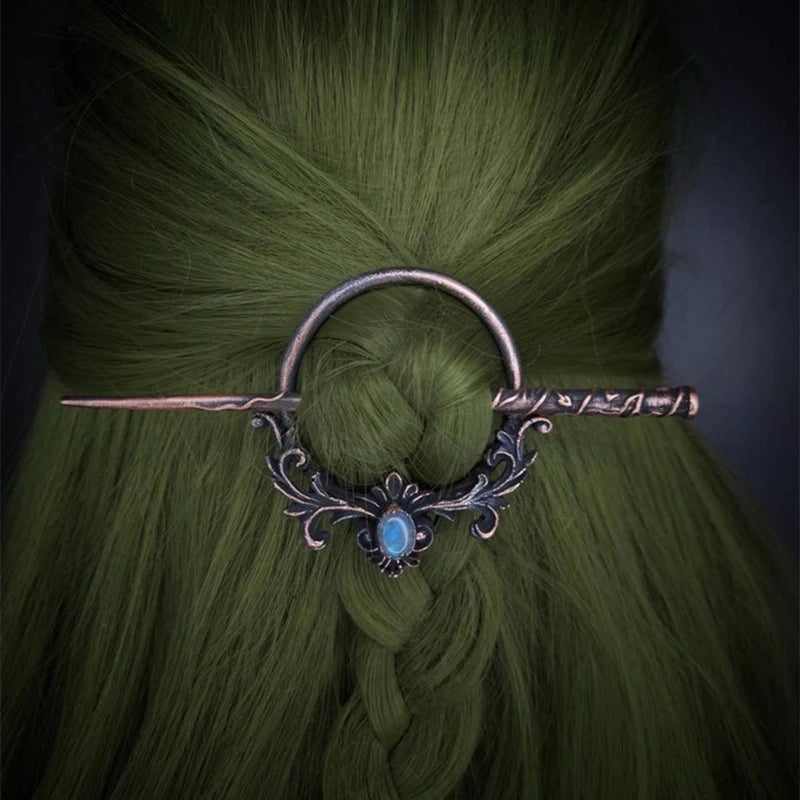 Gancho de cabelo feminino gótico retro com esqueleto de corvo, luar, pedra e chifres de veado