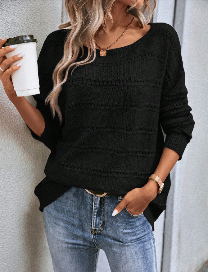 Pointelle Knit Drop Shoulder Sweater