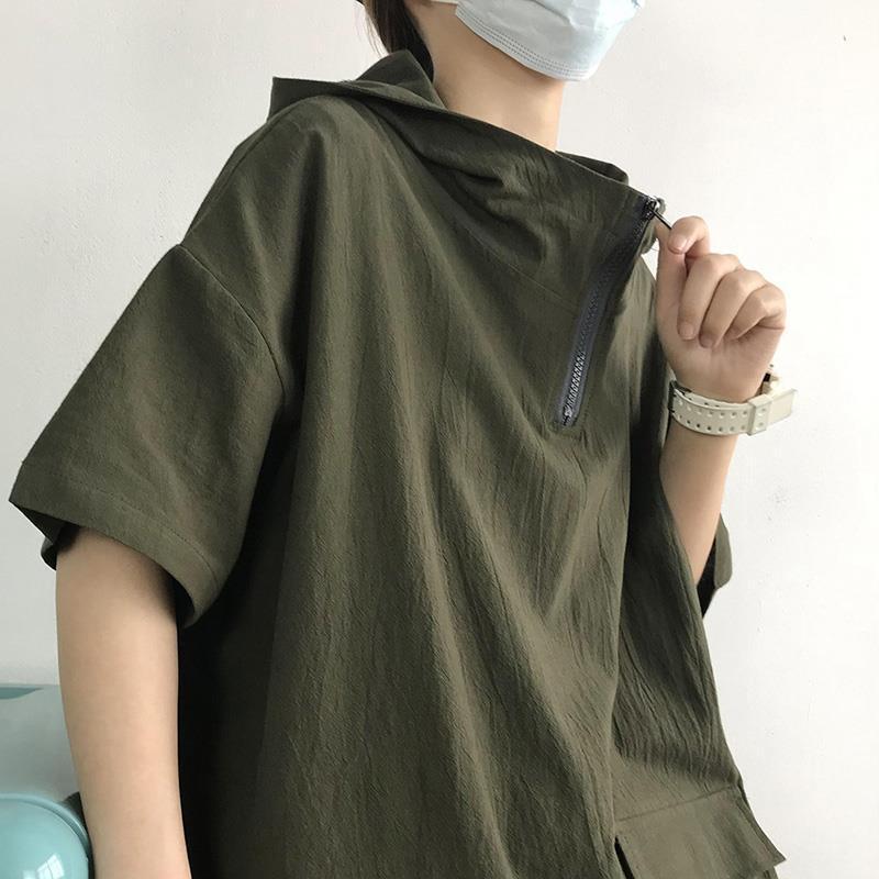 Loose Half Sleeve Hooded Top Short Sleeve T-Shirt Sweater