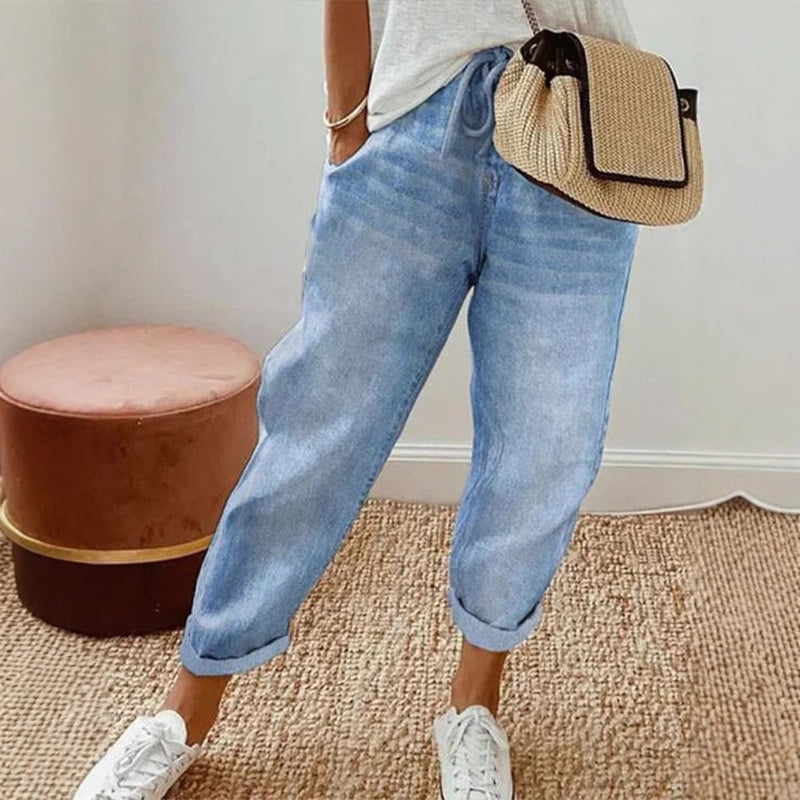 Calças casuais femininas com estampado floral, graffiti e bolsos largos