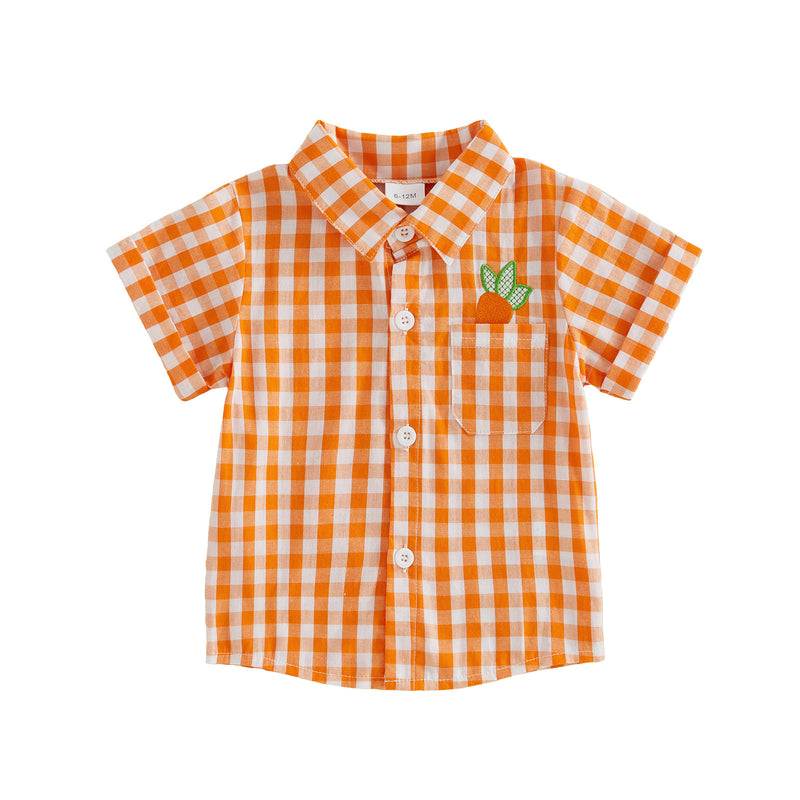Boys Easter Embroidered Rabbit Plaid Lapel Blue Shirt
