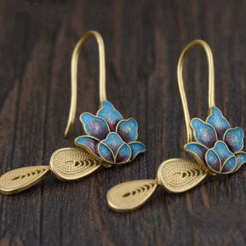 Elegante Lotus-Wassertropfen Damen Vintage Seide ausgebrannte blaue Ohrringe