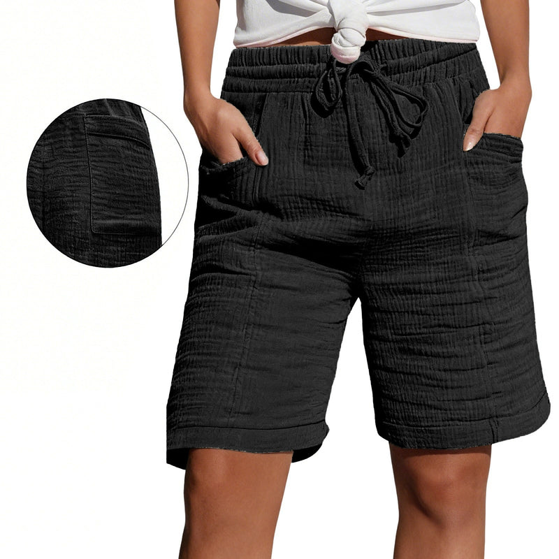 Womens Lace-up Pocketed Double-layered Pleated Capri Shorts