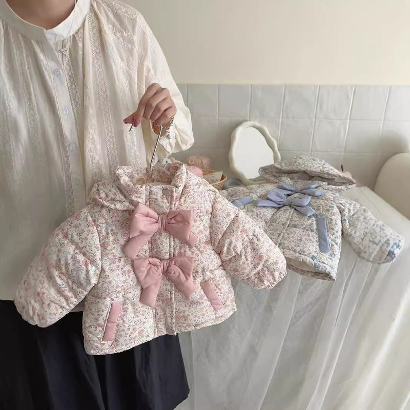 Winter Fashion Baby Floral Print Winter Bow Hooded Jacket