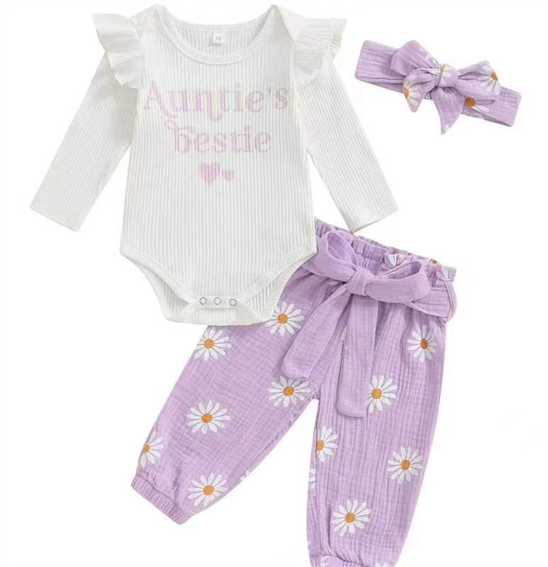 Ruffled Long-sleeve Bodysuit Paired With Matching Pants And A Bow Hair Accessory