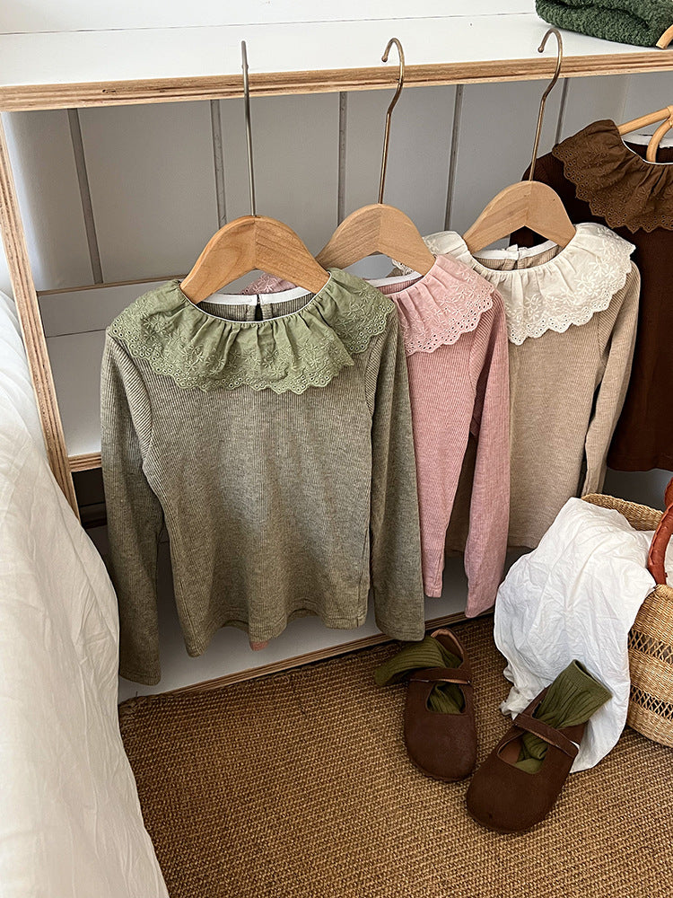 Girls' Soft Cashmere Sunken Stripe Lace Collar Bottoming Shirt