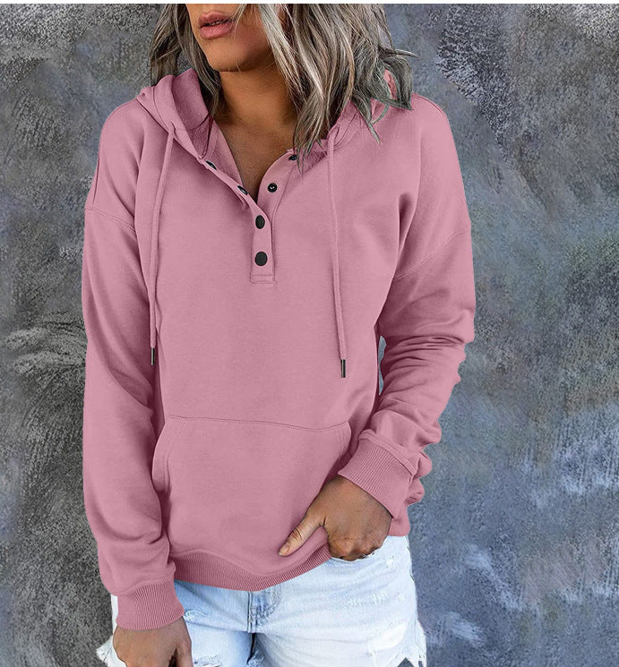 Long-sleeved Hooded Sweatshirt With Pockets Fashion Casual Button Drawstring Design Hoodie Top Spring And Autumn Sports Clothing For Women