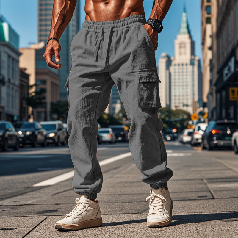 Men's Cotton And Linen Trousers With Multiple Pockets