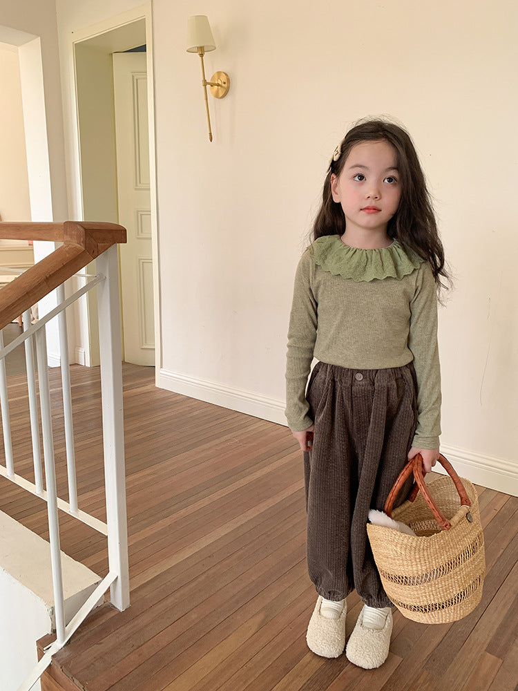 Girls' Soft Cashmere Sunken Stripe Lace Collar Bottoming Shirt