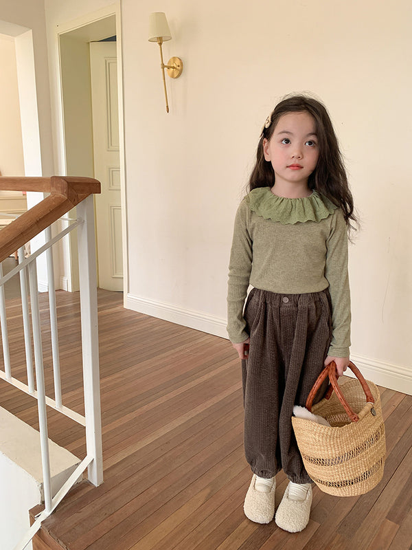 Girls' Soft Cashmere Sunken Stripe Lace Collar Bottoming Shirt